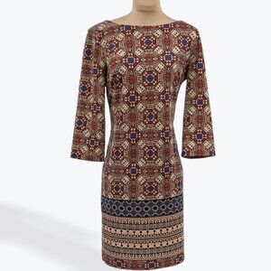 London Times Women's Brown Red Blue Pattern 3/4 Sleeve Dress